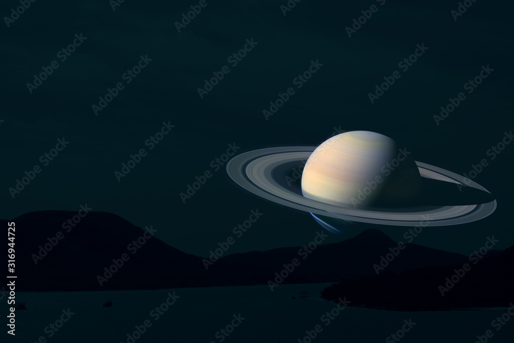 rings and saturn planet over island on the sea in night sky