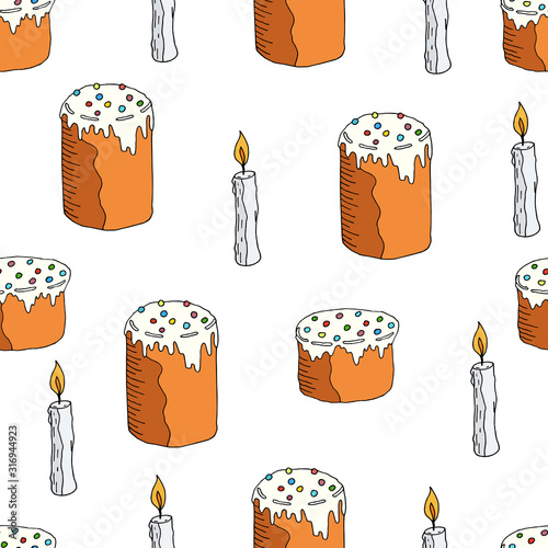 Seamless pattern background of Easter cake and candle. Hand drawn doodle vector illustration. Orthodox Easter symbols. 
