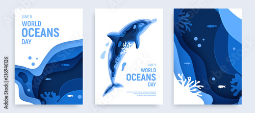 Paper art world ocean day banner set with dolphin silhouette. Underwater world page layout. Paper cut sea background with dolphin, waves and coral reefs. Craft vector illustration. © janevasileva