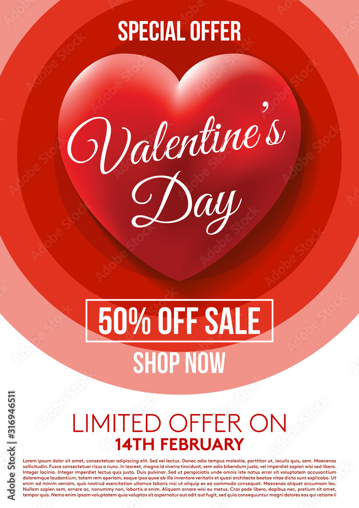 Valentines day vector flyer template in red circle color with 3D heart. Special offer sale background Valentines day vector flyer template in red circle color with 3D heart. Special offer sale background