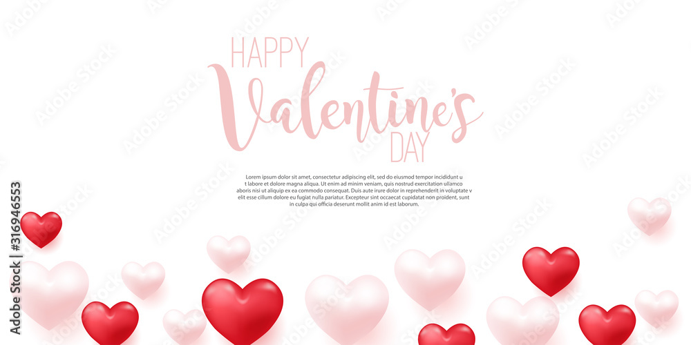 Happy Valentine's Day card with flying pink and red hearts. Vector