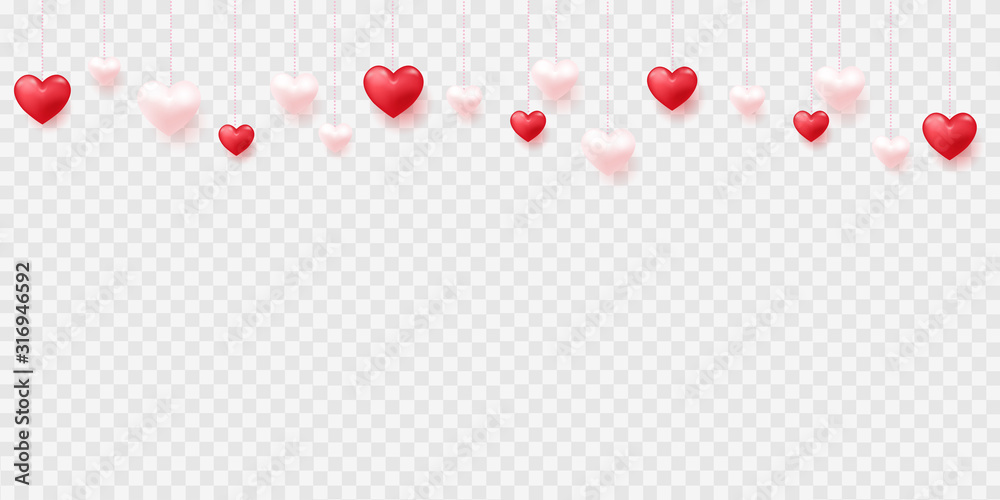 Hanging ping and red hearts on transparent background for Valentine's Day. Vector