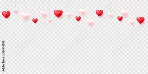 Hanging ping and red hearts on transparent background for Valentine's Day. Vector