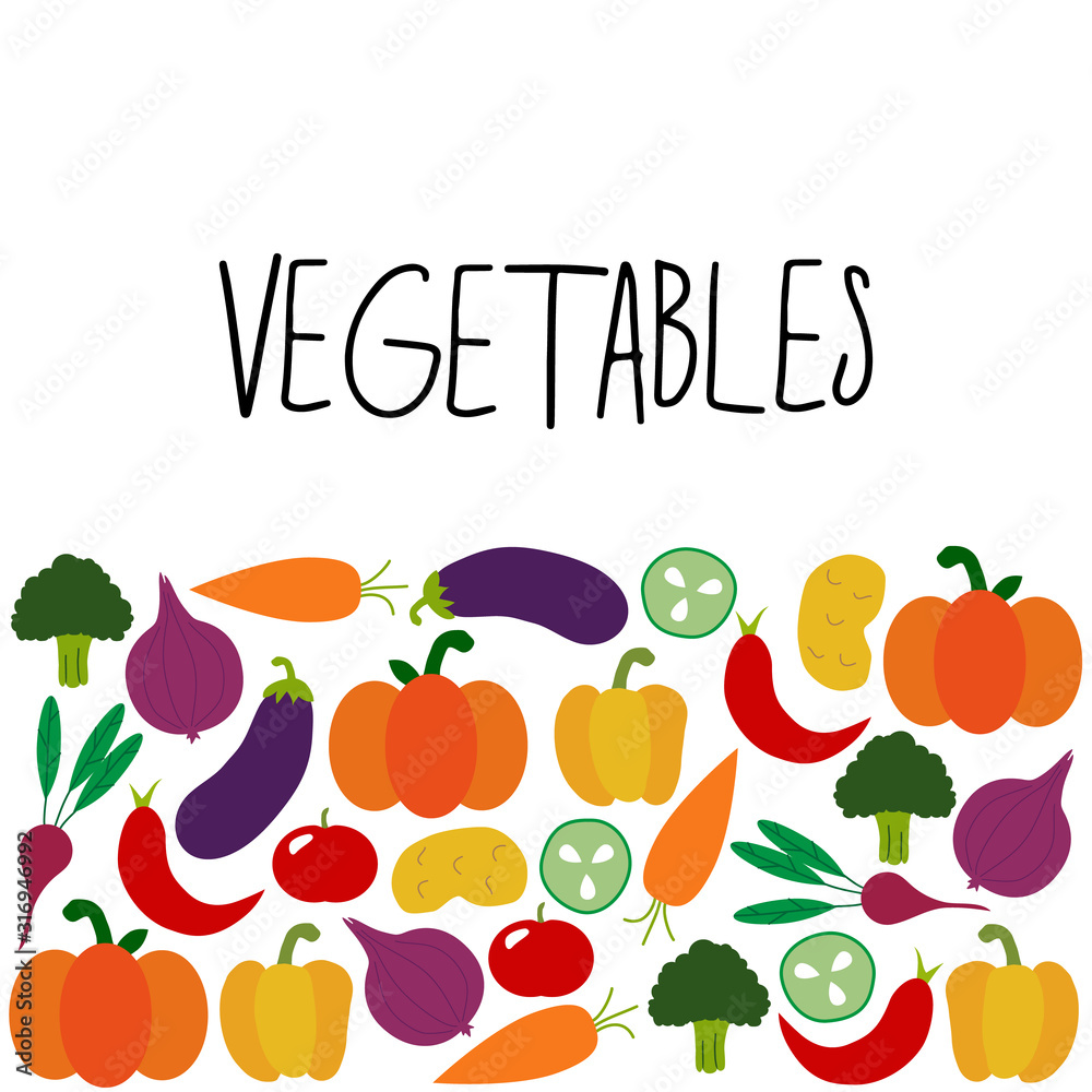 Hand drawn healthy foods background as doodle of autumn vegetables and lettering, vector illustration Hand drawn healthy foods background as doodle of autumn vegetables and lettering, vector illustration