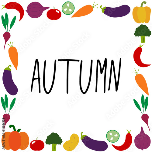 Hand drawn healthy foods background as doodle of autumn vegetables and lettering  vector illustration