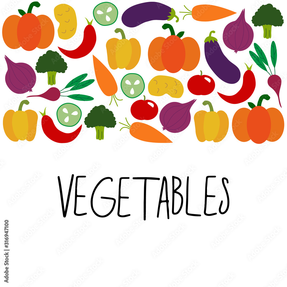 Hand drawn healthy foods background as doodle of autumn vegetables and lettering, vector illustration