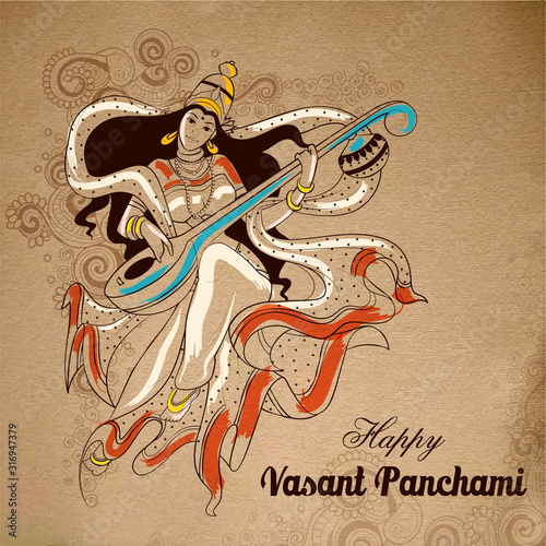illustration of Goddess of Wisdom Saraswati for Vasant Panchami India festival background photo