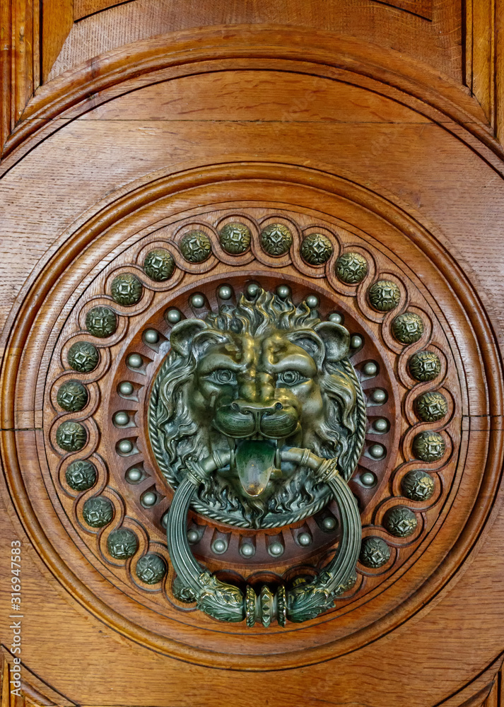 Door with a bronze knocker in the shape of a lion’s head