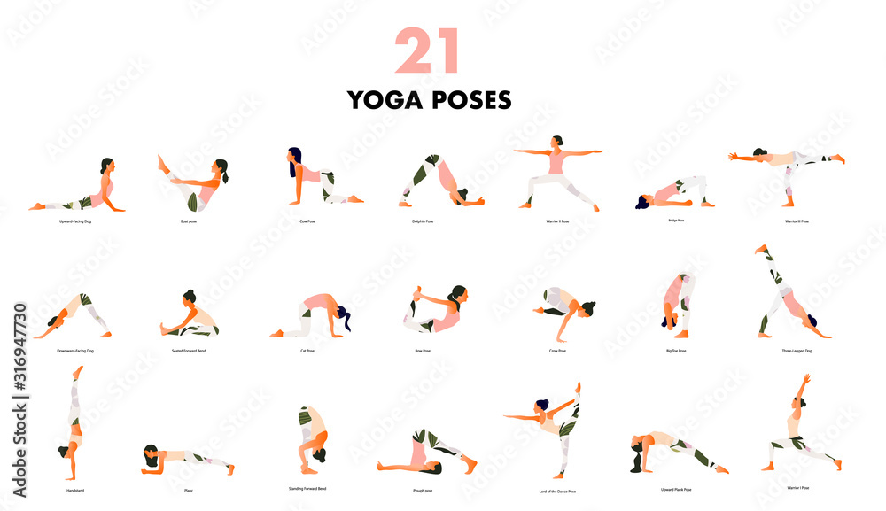  Set of Tiny women performing yoga poses. Women practicing asanas and pelvic floor exercises. Flat cartoon vector illustration isolated on white background. 