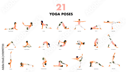  Set of Tiny women performing yoga poses. Women practicing asanas and pelvic floor exercises. Flat cartoon vector illustration isolated on white background. 