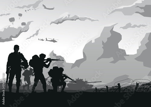 Military vector illustration, Army background, soldiers silhouettes.