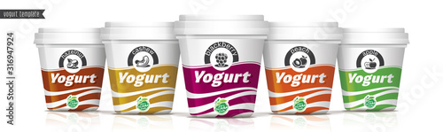 Yogurt vector packaging design. Fruit and nuts yogurt set.