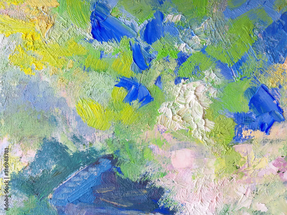 Hand painted beautiful oil painting. Cool springtime colors texture.