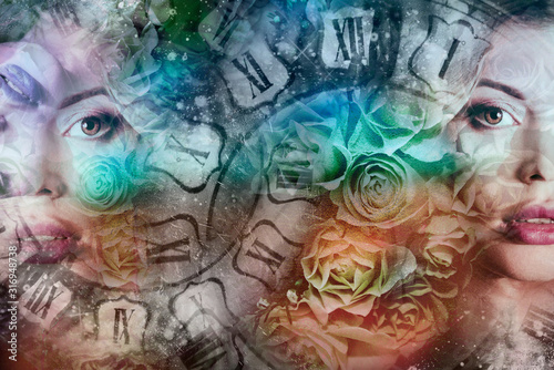  Artistic background woman clock and roses