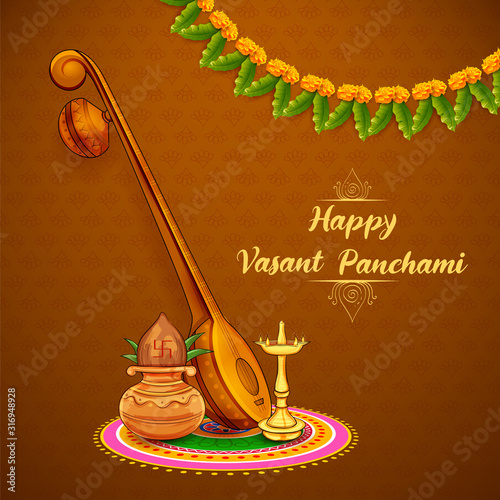 illustration of Goddess of Wisdom Saraswati for Vasant Panchami India festival background
