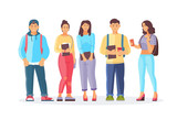 Group best friends, young students smiling teenage boys and girls with coffee, books, bags. School friends learn together at school, college, university. Cartoon vector illustration