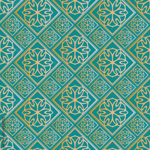 Islamic vector design. Seamless pattern oriental ornament. Green and golden textile print. Floral mandala tiles.