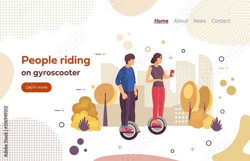 Man and woman ride gyroscooter on an urban street city park. Active lifestyle sports. Gyro scooter ride in the autumn park, urban transportation mockup landing page vector