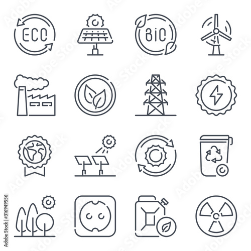 Ecology related line icon set. Ecology and alternative energy sources linear icons. Environment outline vector sign collection.
