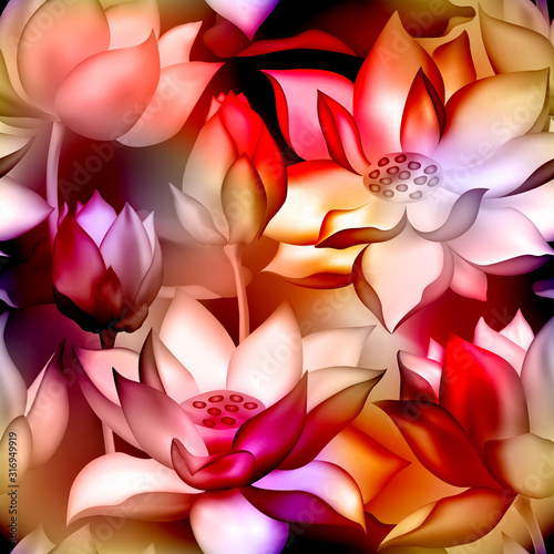 Lotus buds and flowers seamless wallpaper., Water lilly nelumbo aquatic plant botanical design.