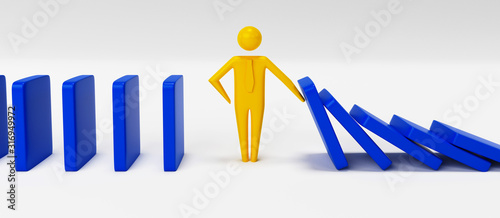 Man figure stopping the domino effect. Executive and risk control concept. 3D rendering