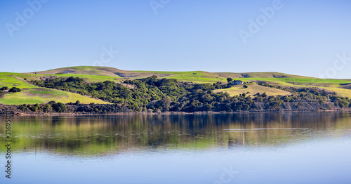 Green hills reflected on the calm waters of Tomales Bay, North San Francisco Bay Area, California