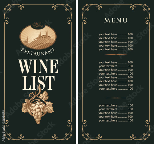 Vector Wine list with a price list in retro style on the black background. Wine menu for restaurant or cafe with hand-drawn bunch of grapes and the landscape of European village in frame with curls