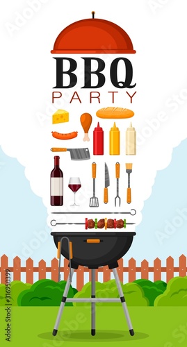 Bbq party poster invitation with grill and food. Barbecue grill elements set. Meat restaurant at home. Charcoal kettle with tool, sauce and foods. Kitchen equipment for menu. Cooking outdoors vector