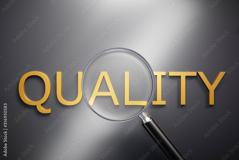 Magnifying Glass on golden Text Quality with grey Background - 3D illustration Magnifying Glass on golden Text Quality with grey Background - 3D illustration