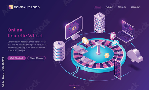 Online casino isometric landing page, money bills and chips lying on roulette wheel surrounded with gadgets, computers and servers via cloud system and internet. Gambling games 3d vector web banner