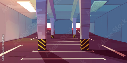 Underground car parking with vacant places and markup. Empty area for transport in building basement with columns and guiding arrows show way to exit, city infrastructure. Cartoon vector illustration