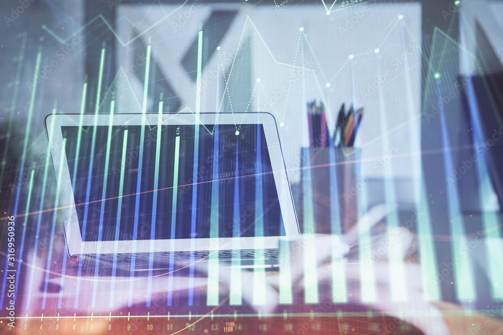 Stock market graph on background with desk and personal computer. Multi exposure. Concept of financial analysis. Stock market graph on background with desk and personal computer. Multi exposure. Concept of financial analysis.