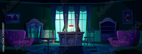 Oval office in White house at night. Vector cartoon empty interior of american presedent cabinet with vintage furniture, leather chair, retro wooden clock, flag of USA and lamp lighting desk photo