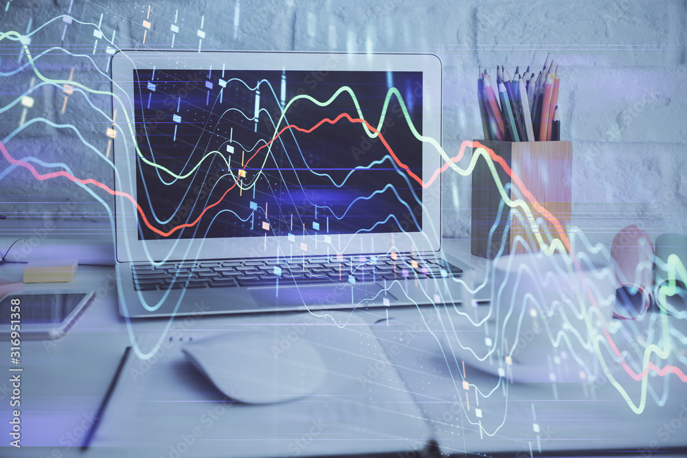 Stock market graph on background with desk and personal computer. Multi exposure. Concept of financial analysis. Stock market graph on background with desk and personal computer. Multi exposure. Concept of financial analysis.