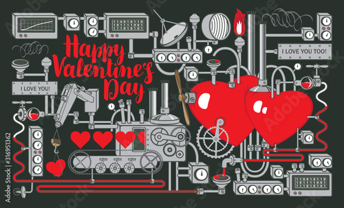 Illustration with a love conveyor, industrial or laboratory equipment, devices, mechanisms. Vector banner on the theme of Valentine's Day with red hearts, inscription and a decorative factory of love.