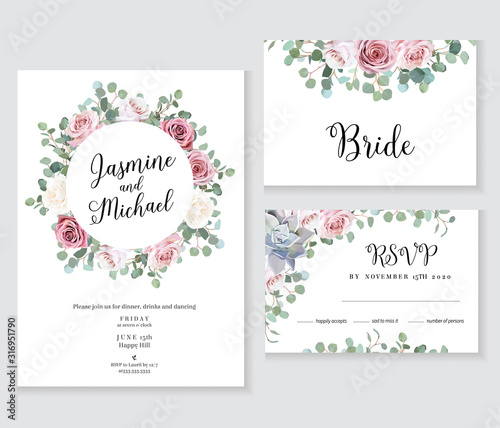 Floral wedding vector frames. Hand painted pale pink roses, eucalyptus branches