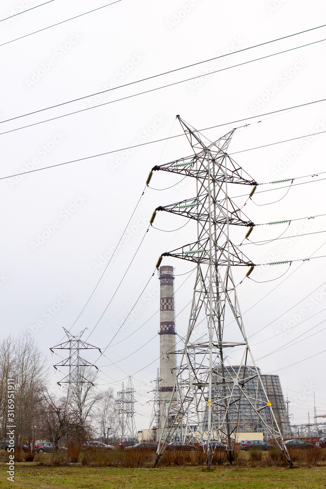 thermal power plant, Power poles transmission line, Electricity high voltage pole, Electrical network thermal power plant, Power poles transmission line, Electricity high voltage pole, Electrical network