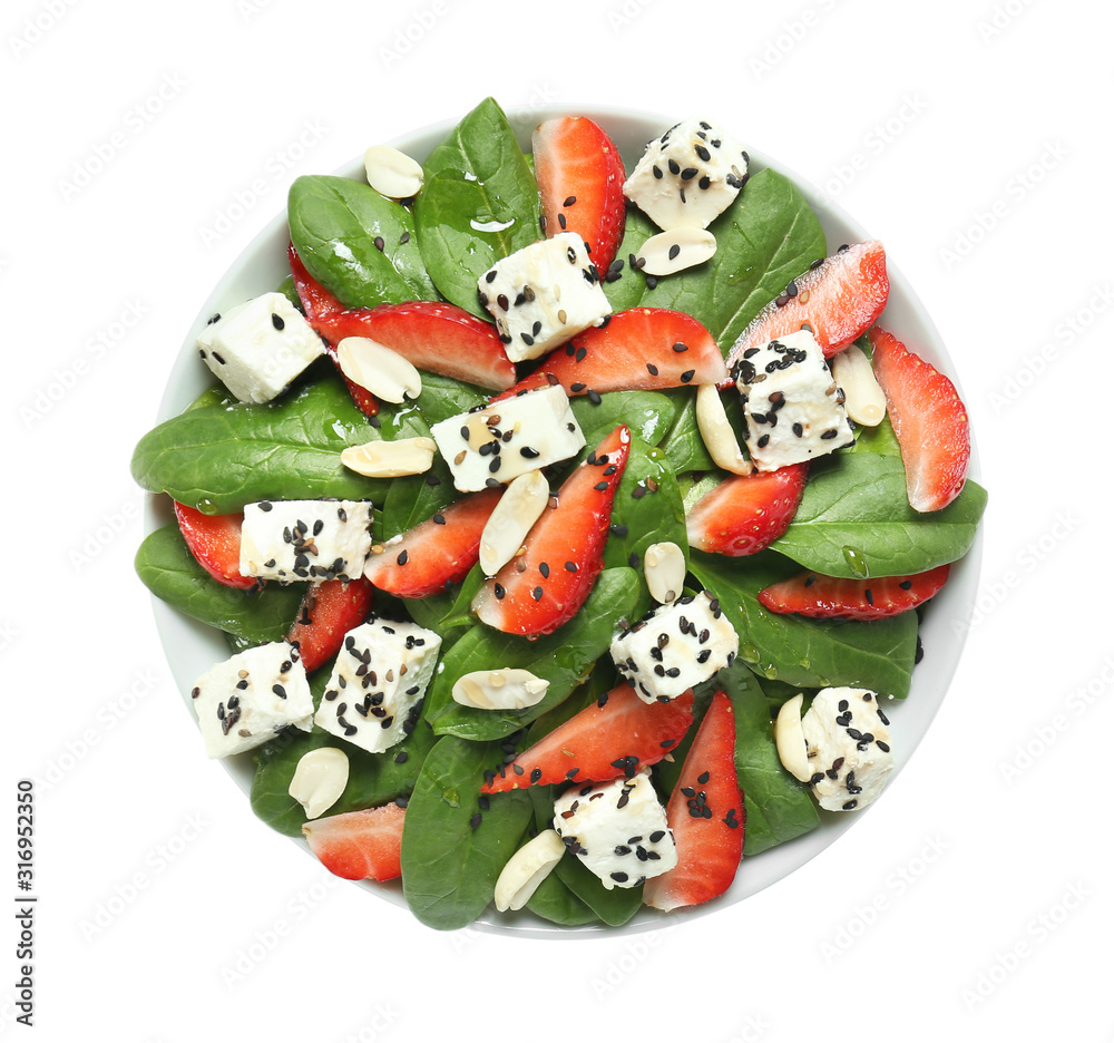 Bowl with tasty salad on white background