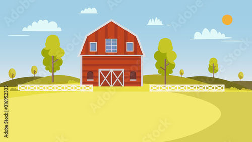 Fresh Farm landscape.Summer farm landscape with trees, clouds and sun. Rural scenery with barn Vector illustration