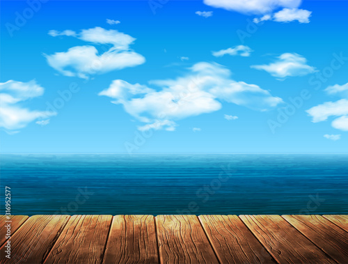 Summer Landscape Sea Beach and wooden pier. 3D vector. High detailed realistic illustration.