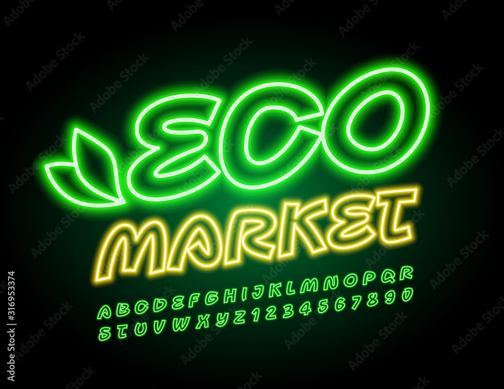 Vector Neon logo Eco Market. Green glowing Font. Handwritten Alphabet Letters and Numbers. Vector Neon logo Eco Market. Green glowing Font. Handwritten Alphabet Letters and Numbers.