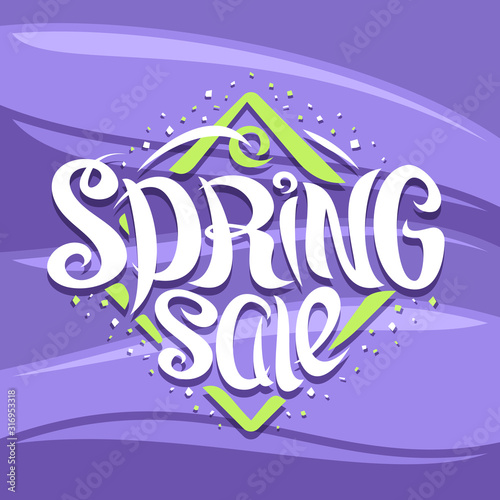 Vector logo for Spring Sale  curly calligraphic font with decorative elements  seasonal badge of rhombus shape for spring collection with swirly trendy script for words spring sale on waves background