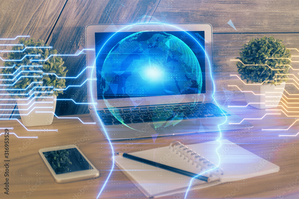 Multi exposure of work table with computer and brain hologram. Brainstorm concept. Multi exposure of work table with computer and brain hologram. Brainstorm concept.