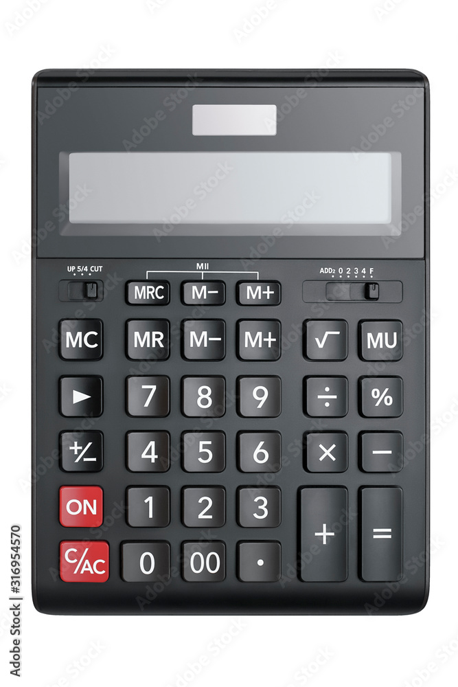 Top view on a big black accounting calculator with blank screen Isolated on a white background. Clipping path design element. Top view on a big black accounting calculator with blank screen Isolated on a white background. Clipping path design element.