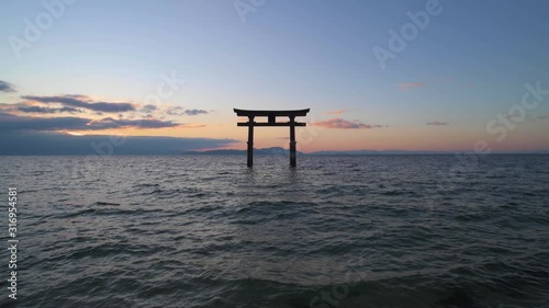 Sunrise at Shirahige shrine torii gate, lake Biwa, Shiga Prefecture, Japan