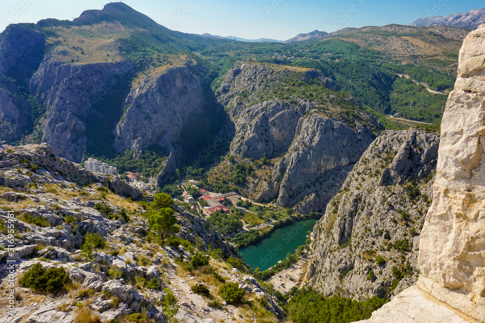 View of the city of Omis, mountains and the Cetina River from the medieval pirate fortress Stari Grad, Croatia