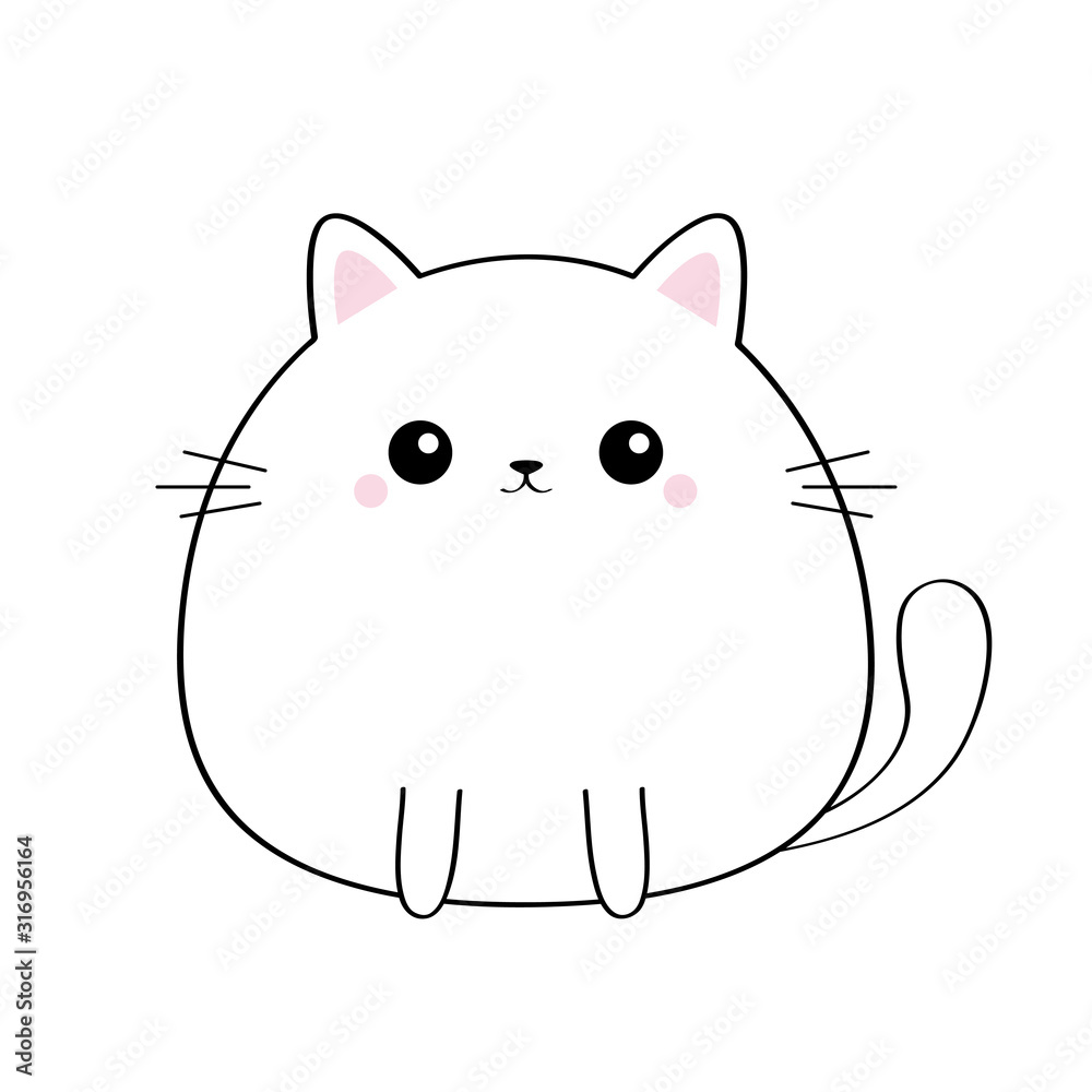 Cat kitty face head body. Kawaii animal. Cute cartoon kitten character.  Black contour silhouette. Doodle linear sketch. Pink cheeks. Funny baby.  Love card. Flat design. White background Isolated. Stock Vector | Adobe