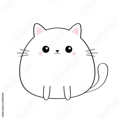 Cat kitty face head body. Kawaii animal. Cute cartoon kitten character.  Black contour silhouette. Doodle linear sketch. Pink cheeks. Funny baby.  Love card. Flat design. White background Isolated. Stock Vector