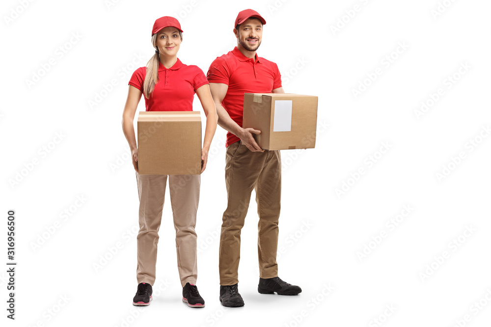 Delivery team of a man and woman holding packages Delivery team of a man and woman holding packages