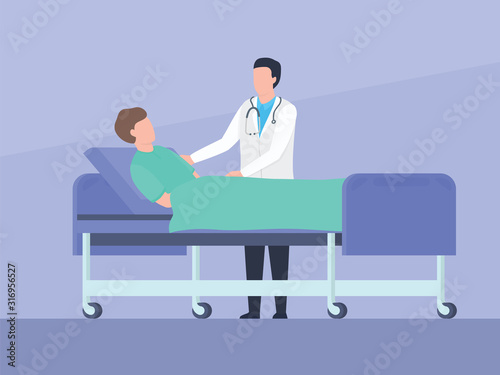 doctor examining patients condition recovery who laying on bed with simple flat style